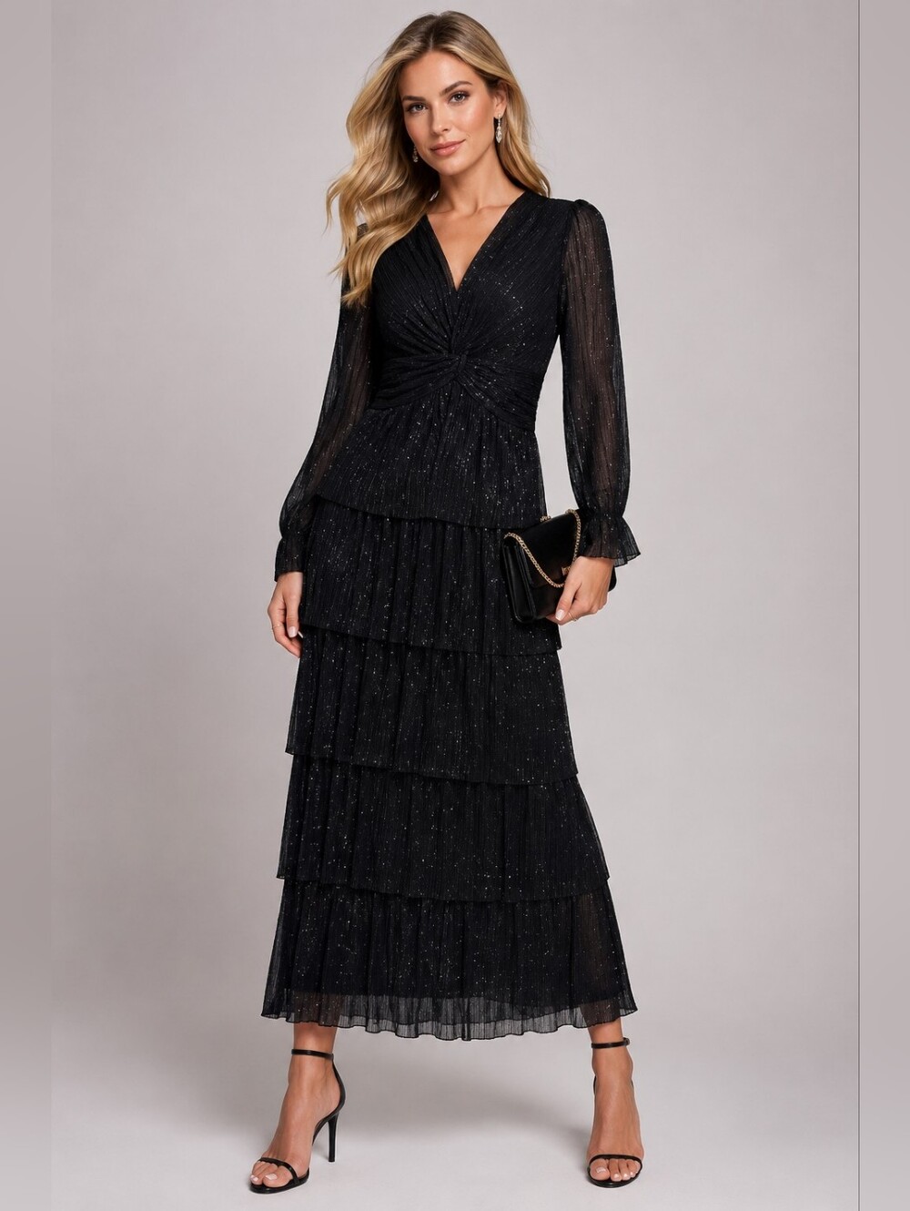 NWT Scoop Sparkle Tiered Black Maxi Dress with Twist Front Size M